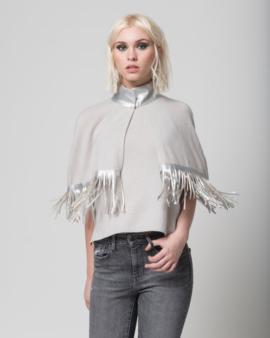 Pure Cashmere Cape with Vegan Leather Fringe in Toffee