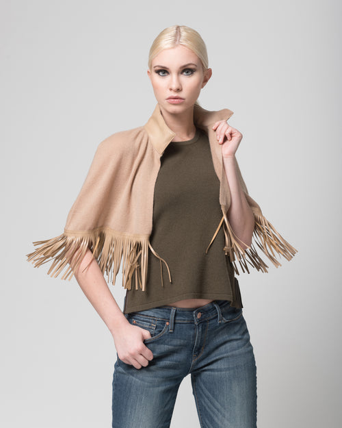 Pure Cashmere Cape with Vegan Leather Fringe in Toffee
