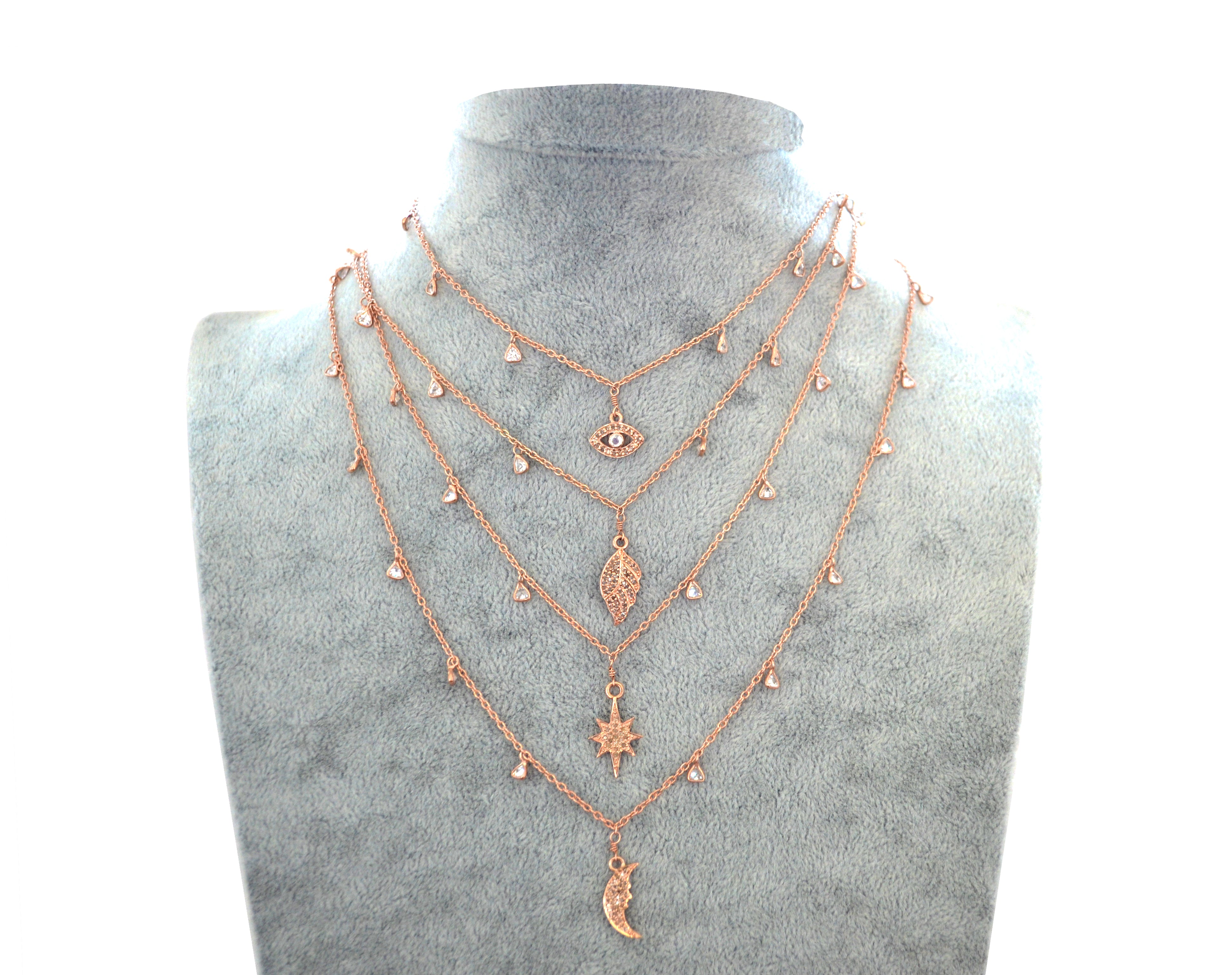 Rose Gold Celestial Diamond Necklace with a Tear Drop Charm