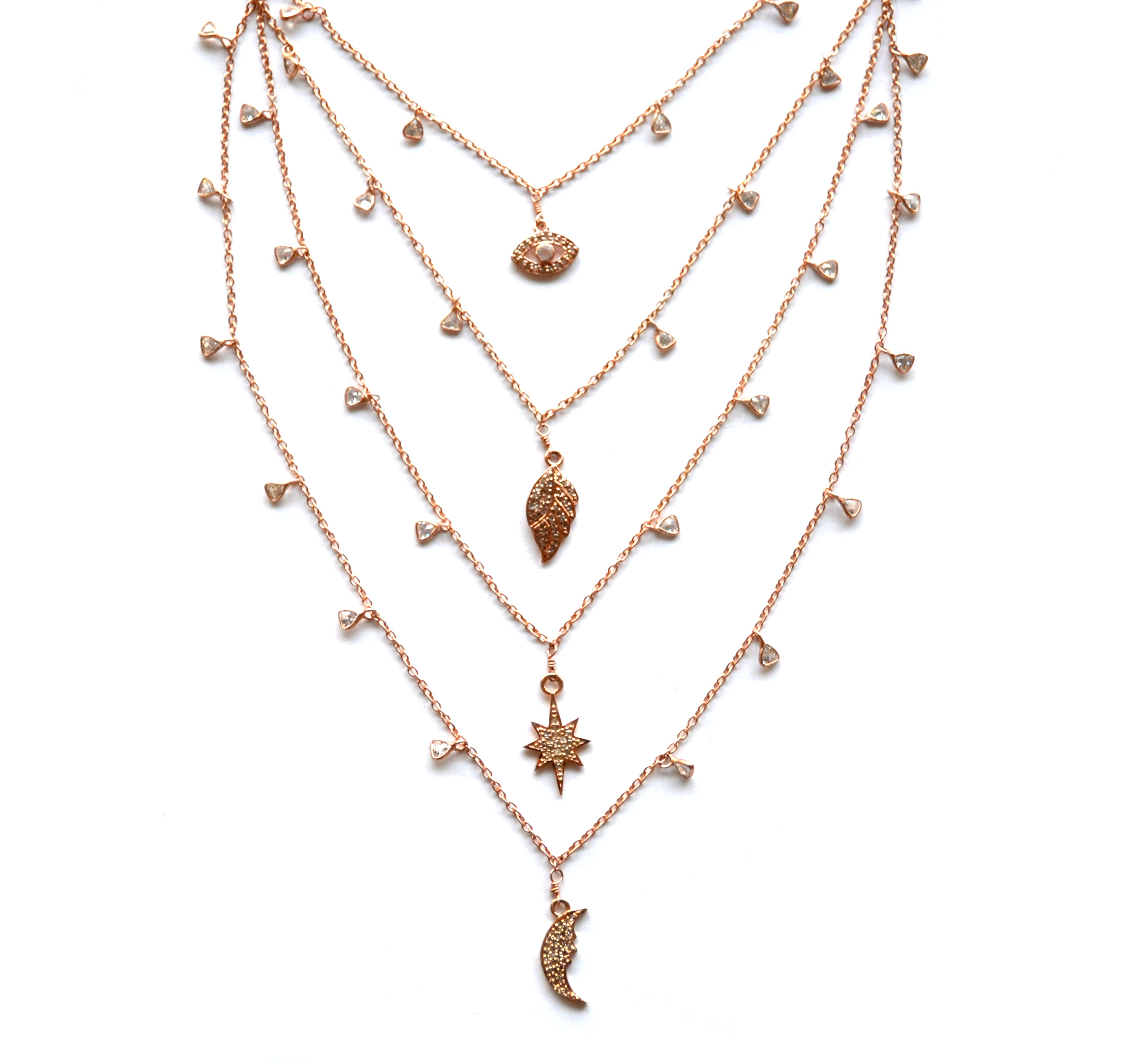 Rose Gold Celestial Diamond Necklace with a Moon Charm