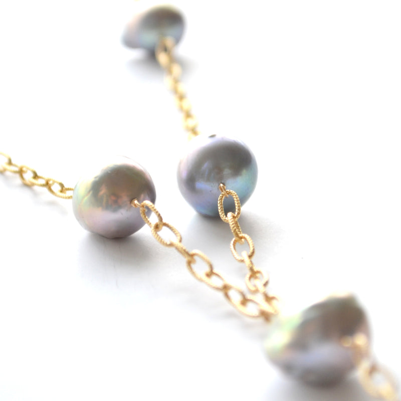 Gray baroque Pearl Chunky Cable Link "Y" Lillypad Necklace