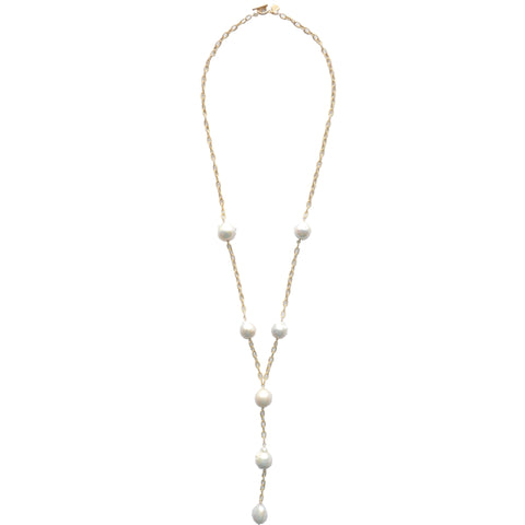 Gray baroque Pearl Chunky Cable Link "Y" Lillypad Necklace