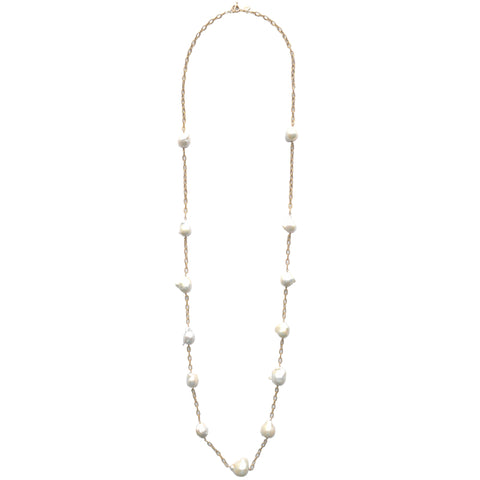 White Baroque Pearl Chunky Cable Link "Y" Lillypad Necklace