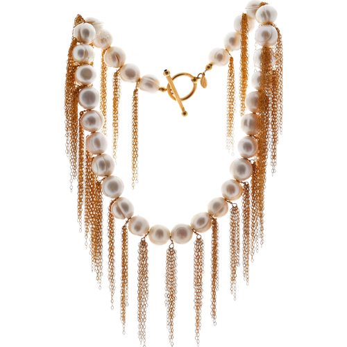 White Potato Pearl Stellenbosch Necklace with Gold Fringe
