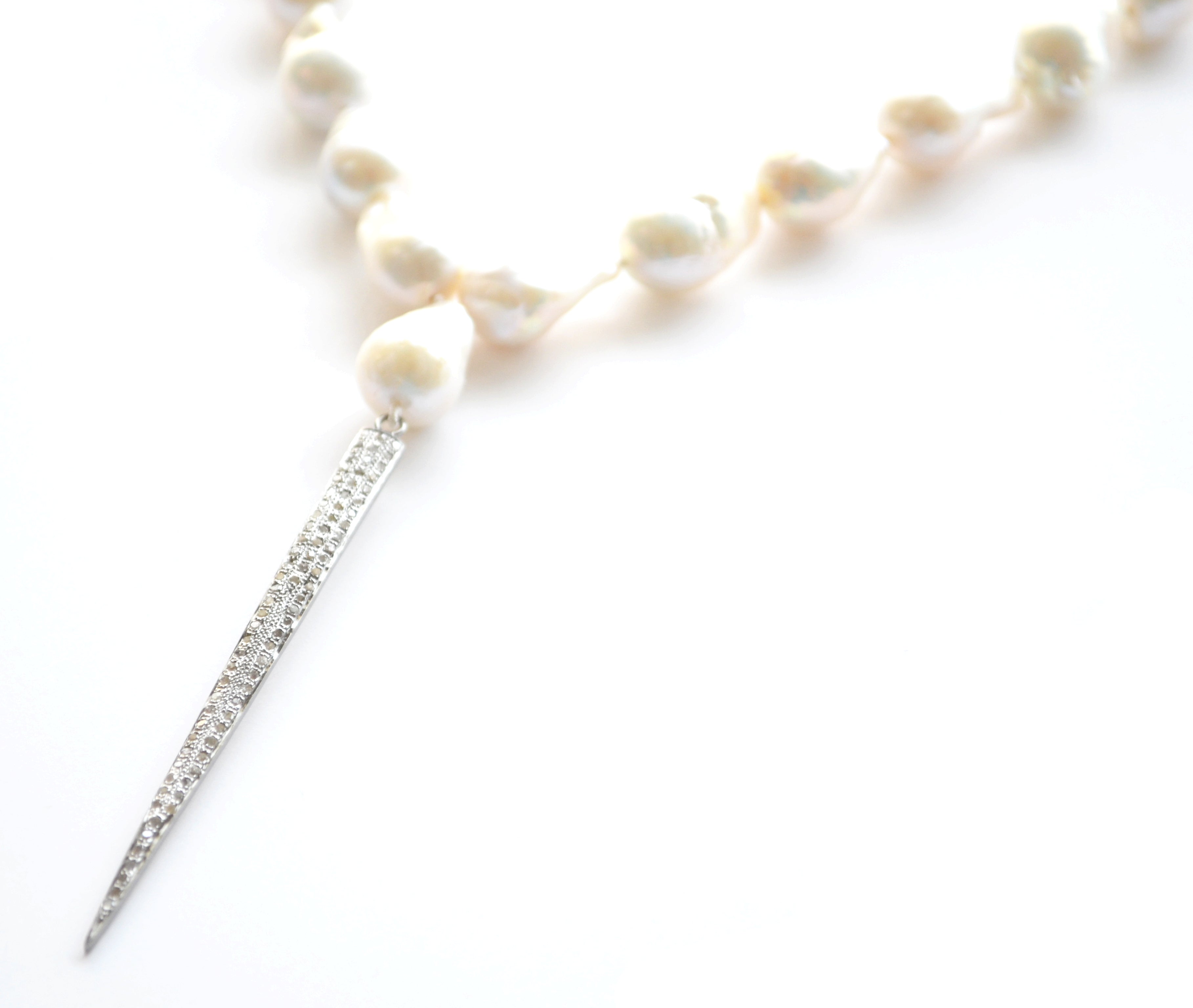 White Baroque Pearl Necklace with a Diamond Spike
