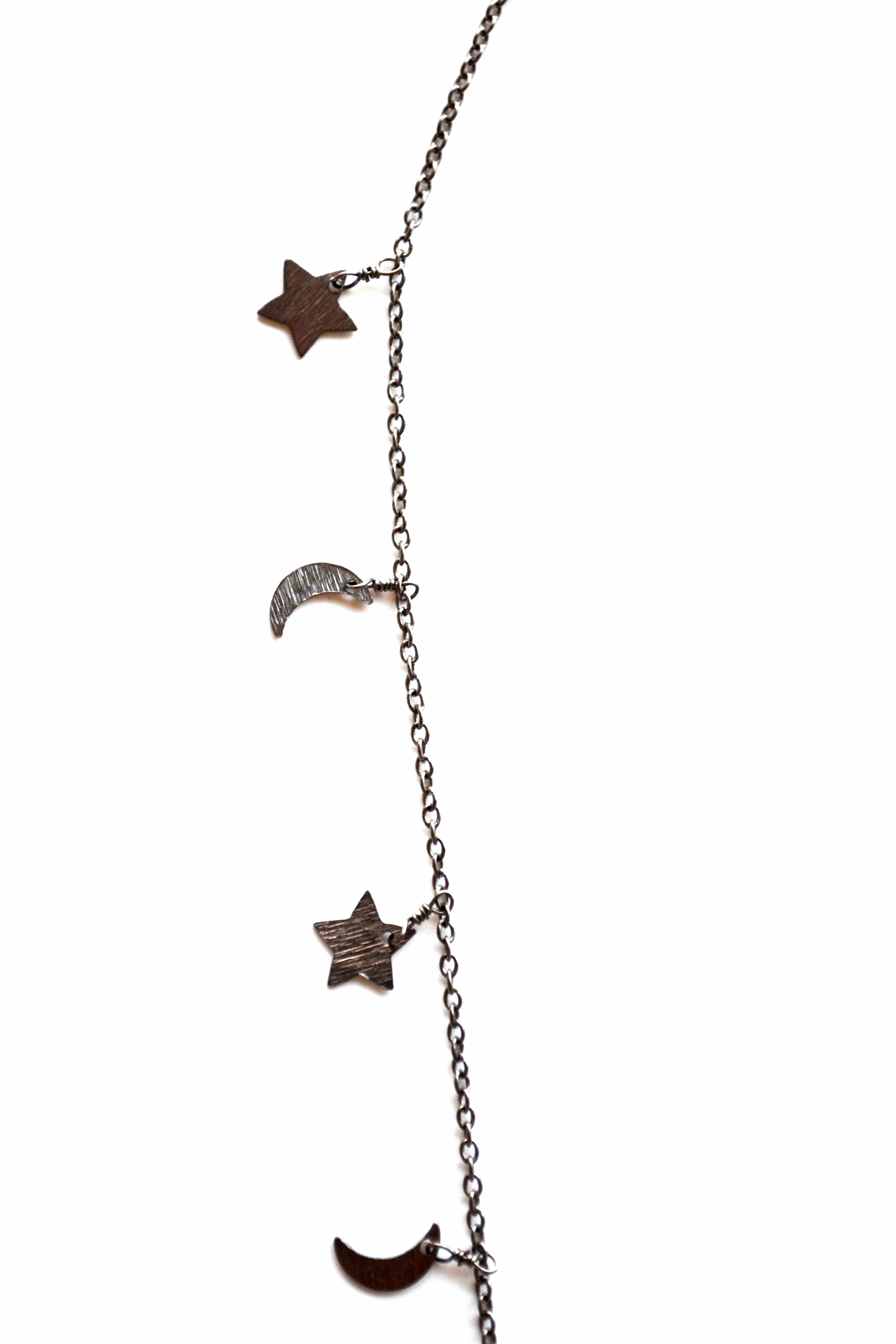 Oxidized Sterling Silver Celestial Star & Moon Necklace with a Peace Sign Charm