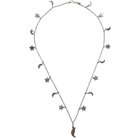 Oxidized Sterling Silver Celestial Diamond Necklace with a Round Disc Charm