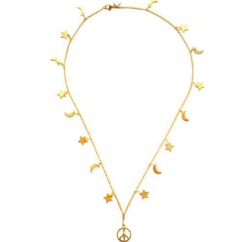 Gold Celestial Star & Moon Necklace with a Peace Sign Charm