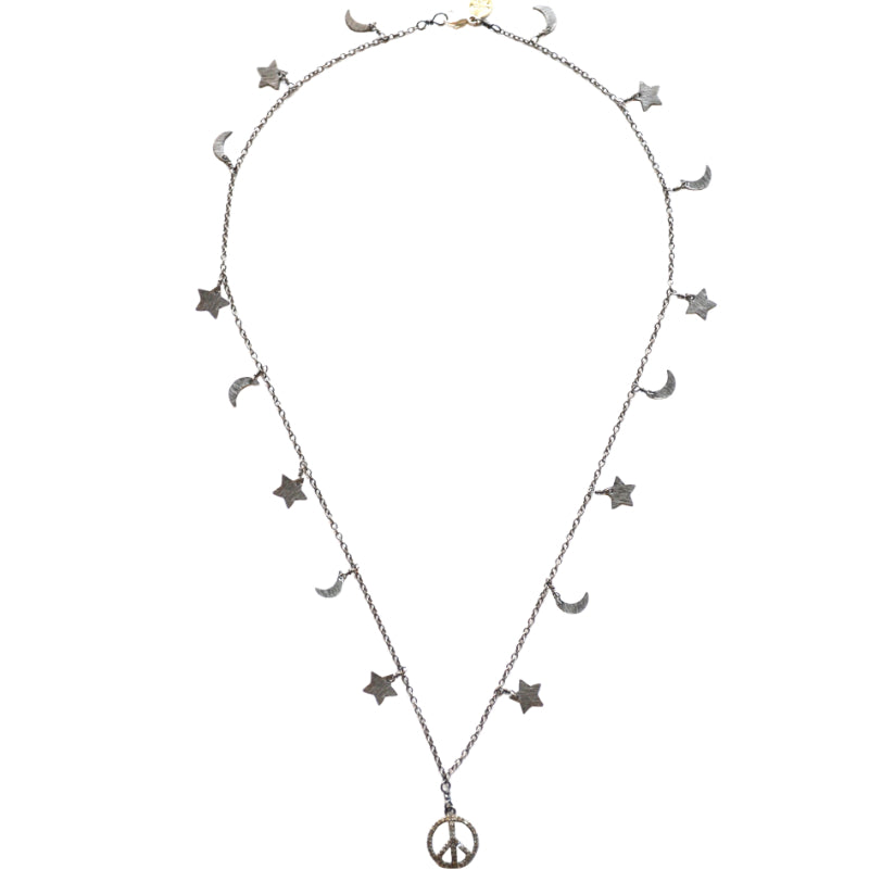 Oxidized Sterling Silver Celestial Star & Moon Necklace with a Peace Sign Charm