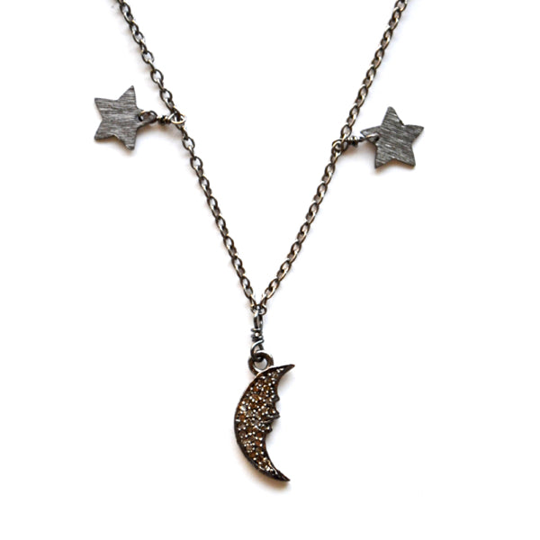 Oxidized Sterling Silver Celestial Star & Moon Necklace with a Moon Charm