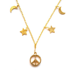 Gold Celestial Star & Moon Necklace with a Peace Sign Charm