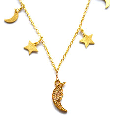 Gold Celestial Star & Moon Necklace with a Moon Charm